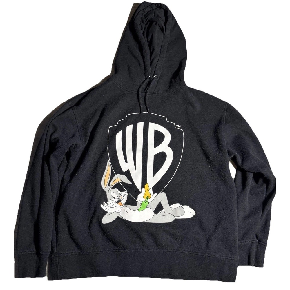 Warner Bros Bugs Bunny Hoodie Mens Medium Black Graphic Looney Tunes‎ Pullover